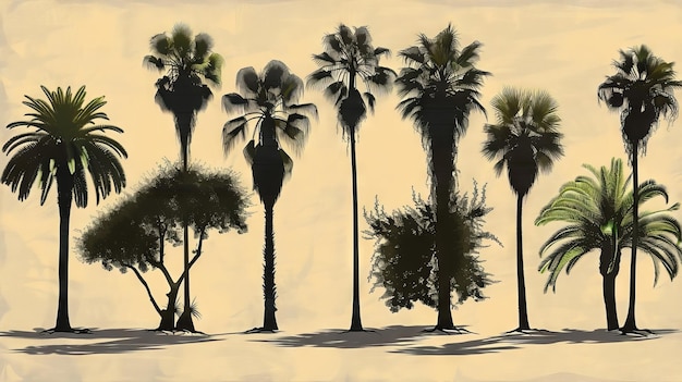 Photo set of modern graphics of black silhouettes of palm trees