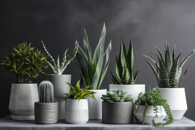 Set of modern houseplants in retro concrete pots