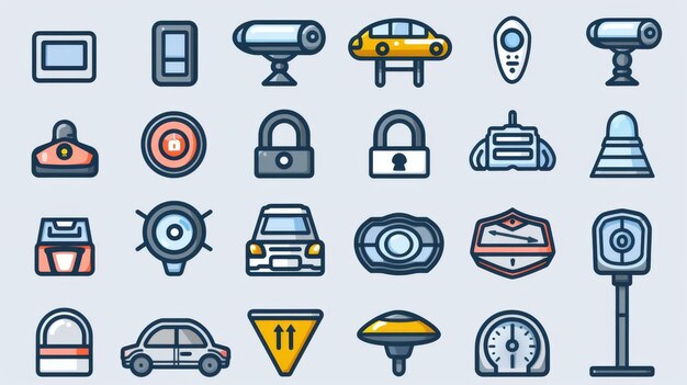 Photo a set of modern icons representing car security equipment and cctv systems