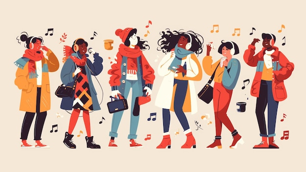 Photo a set of modern illustrations of male and female cartoon characters listening to music with headphones and dancing to disco music