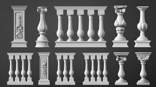 Set of modern realistic 3D white stones marbles and pillars of a classic ancient fence for balconies terraces and parapets