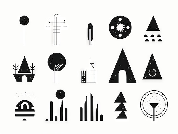 Photo set of modern simple monochrome minimalistic icons for travel and camping generative ai