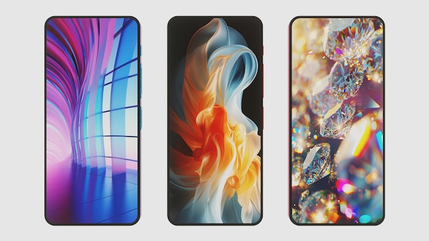 Photo set of modern smartphone designs with stylish wallpapers trendy phone cases and screens