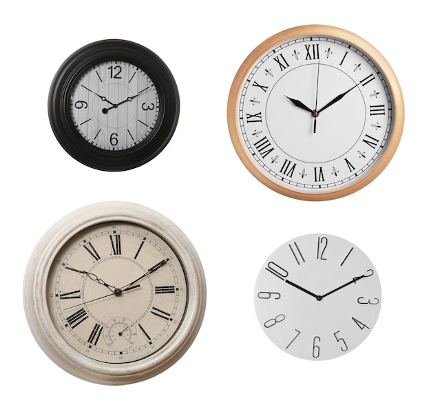 Set of modern and vintage clocks on white background