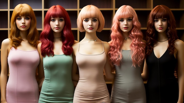 Set of modern women's youth wigs worn on mannequins in a store illustration of fashion trends in appearance AI generated