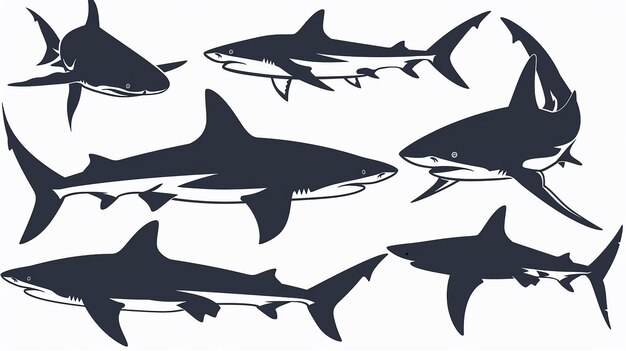 Photo set of monochrome shark vector silhouettes