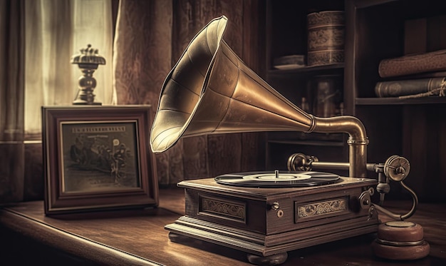 Set the mood with a timeless gramophone placed gracefully on a wooden table Creating using generative AI tools