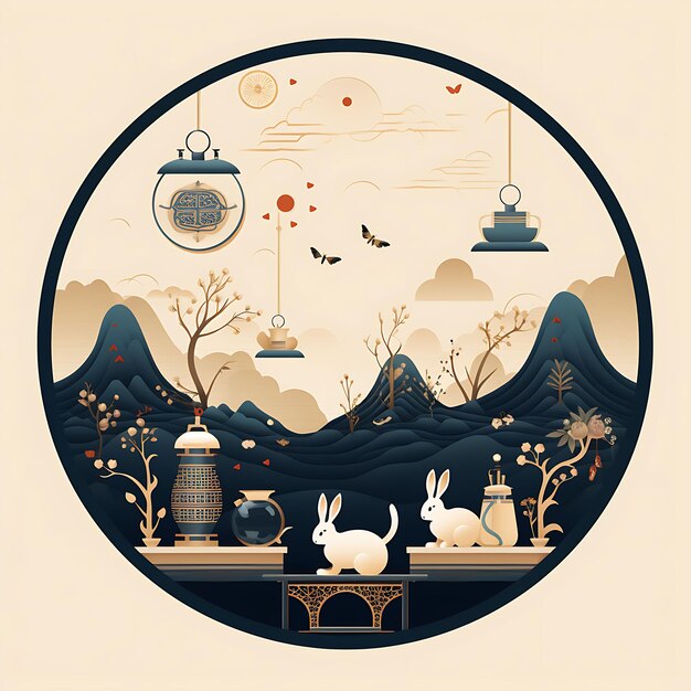 A set of moon rabbits teapots japanese lunar new year muted hues gent 2d flat art illustration