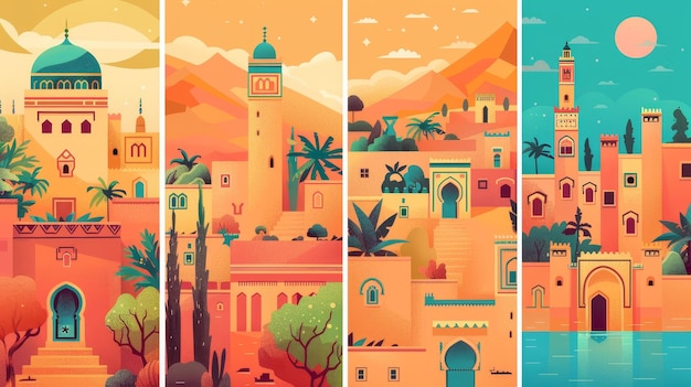 Набор карт марокканской архитектуры Марокканские здания и квадратные фонты Абстрактные древние города Марракеш и Медина Берберские дома Красочные современные плоские современные иллюстрации Марракеша