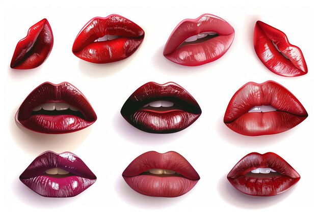 Set of mouths with beautiful makeup isolated on white Red lipstick