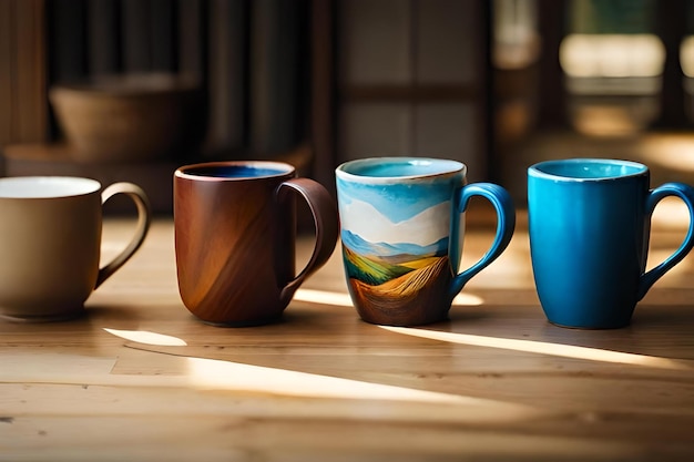 A set of mugs with the sun shining on them