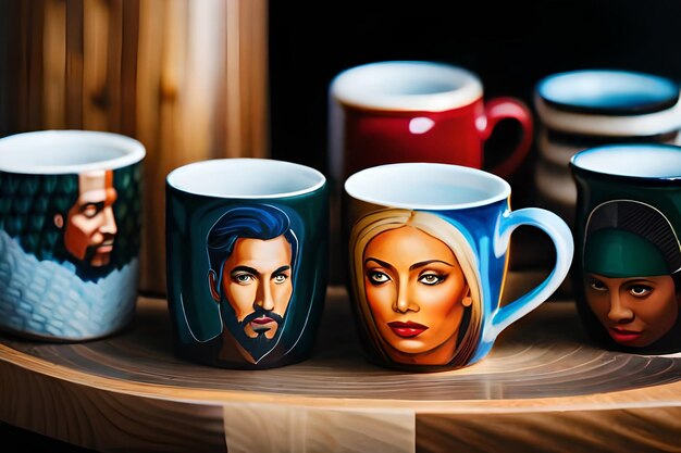 a set of mugs with a woman and a man on the front.