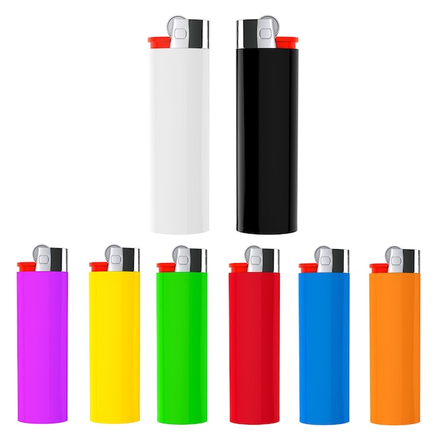 Set of Multicolor closeup cigarette lighters on a white background