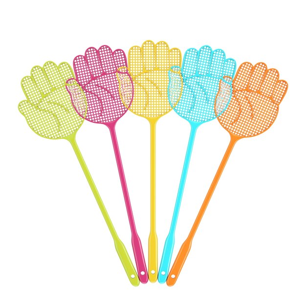 Set of Multicolor Flyswatters in Shape of Hand 3d Rendering