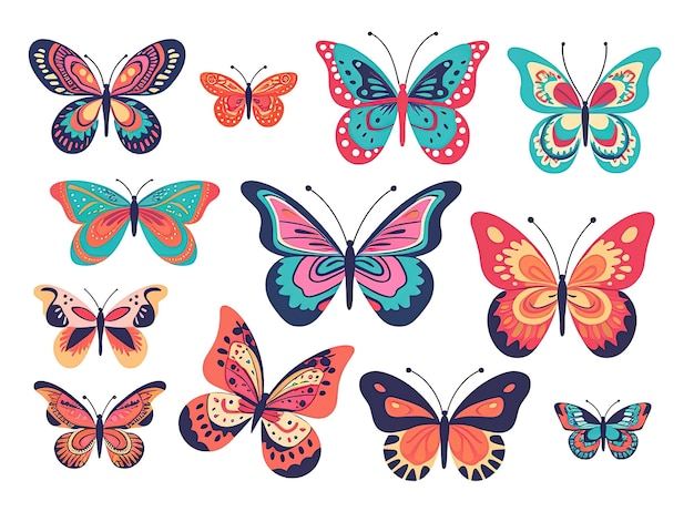 Set of multicolored Butterflies ilustration collection generative AI