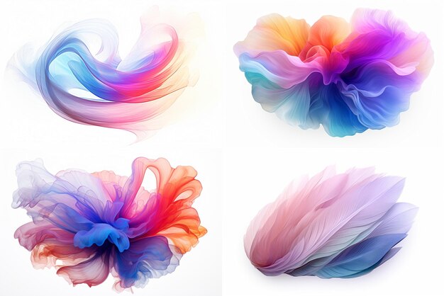 Photo set of multicolored developing fabric isolated on white background