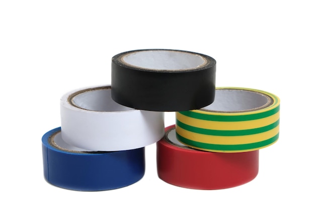 Set of multicolored duct tape on white background.