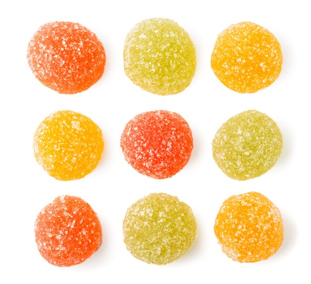 Photo set of multicolored marmalade sprinkled with sugar