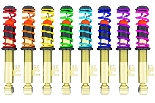 Photo set of multicolored shock absorbers 3d rendering