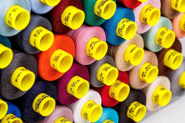 Set of multicolored spools of thread for sewing