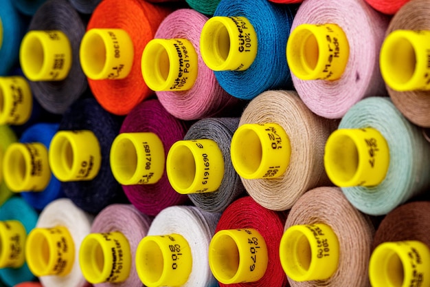 Set of multicolored spools of thread for sewing