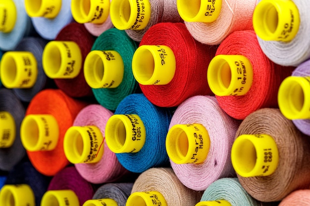 set of multicolored spools of thread for sewing