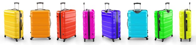 Photo a set of multicolored suitcases on a white background. 3d rendering illustration.