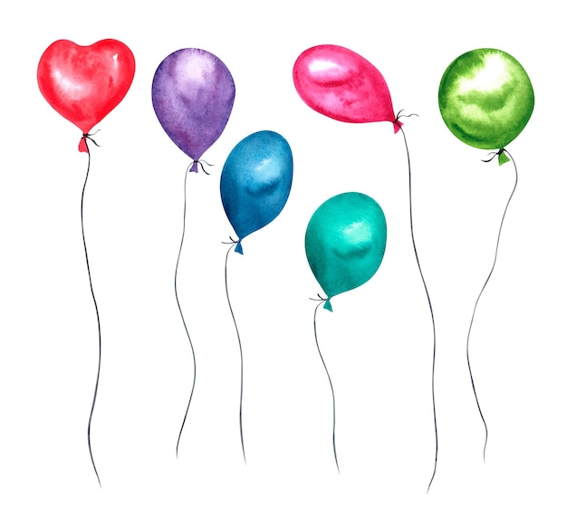 A set of multicolored watercolor balloons isolated on a white background