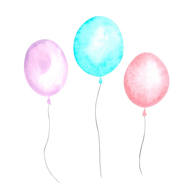 A set of multicolored watercolor balloons isolated on a white background