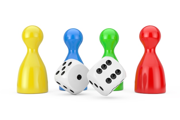 Set of Multicolour Board Game Pawn Figures Mockup with White Game Dice Cubes on a white background. 3d Rendering