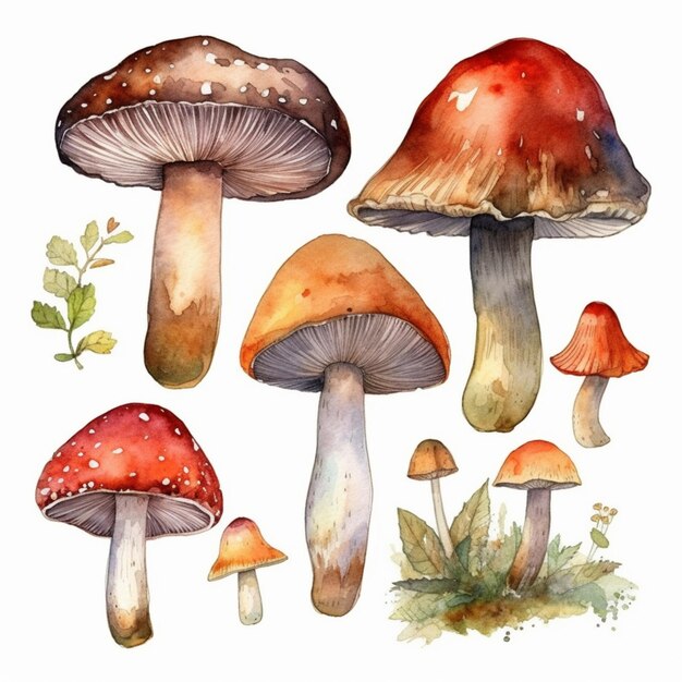 A set of mushrooms painted in watercolor