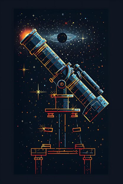 Photo set of mysterious telescope 8 bit pixel with stars and space symbol game asset tshirt concept art