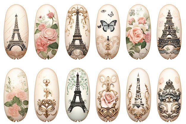 a set of nail designs with the words paris on them