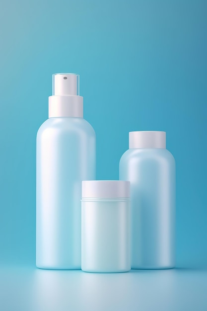 Set of natural cosmetics bottle tube minimalism White blue pastel color background