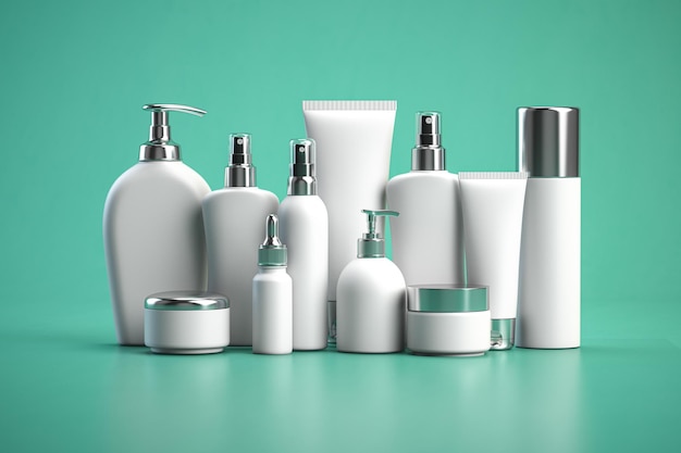 Set of natural cosmetics products in bottles on green background