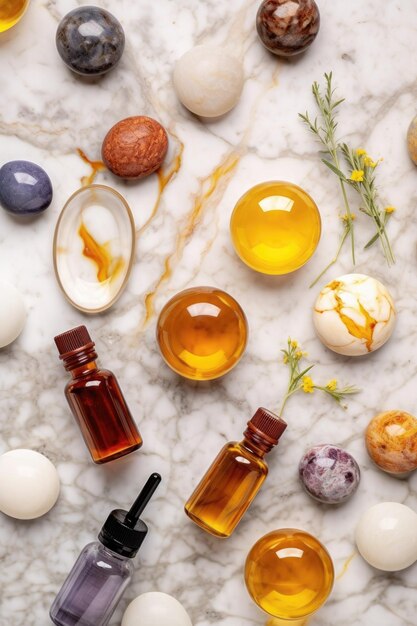 Set of natural skincare products on a marble surface created with generative ai