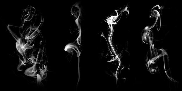 set of natural white smoke isolated on black background