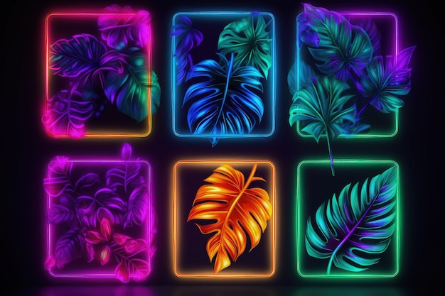 A set of neon colored tropical leaves generative ai