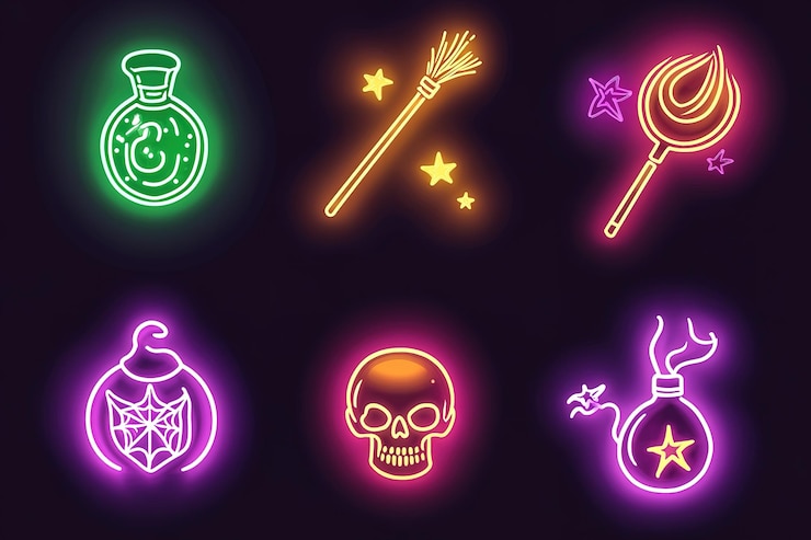 Photo set of neon halloween icons magic wand and skull with stars witchs broom on a dark background vecto