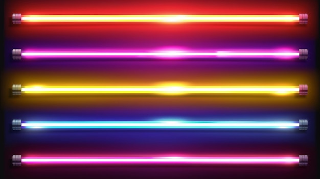 Set of neon led light strips isolated on transparent background Realistic illustration of red yellow purple blue white green lamps