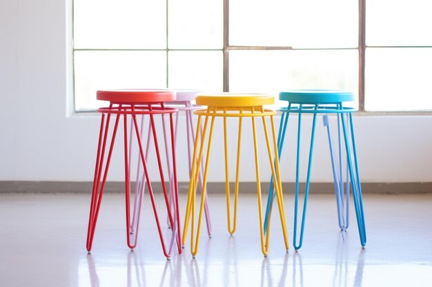 A set of nested colorful stools in a plain white room