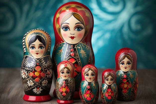 生成 AI で作成された伝統的なロシアの衣装を着た入れ子人形のセット