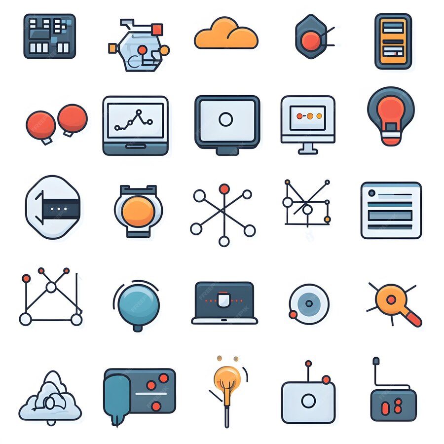 A set of network icons featuring interconnected nodes data flow symbols ...