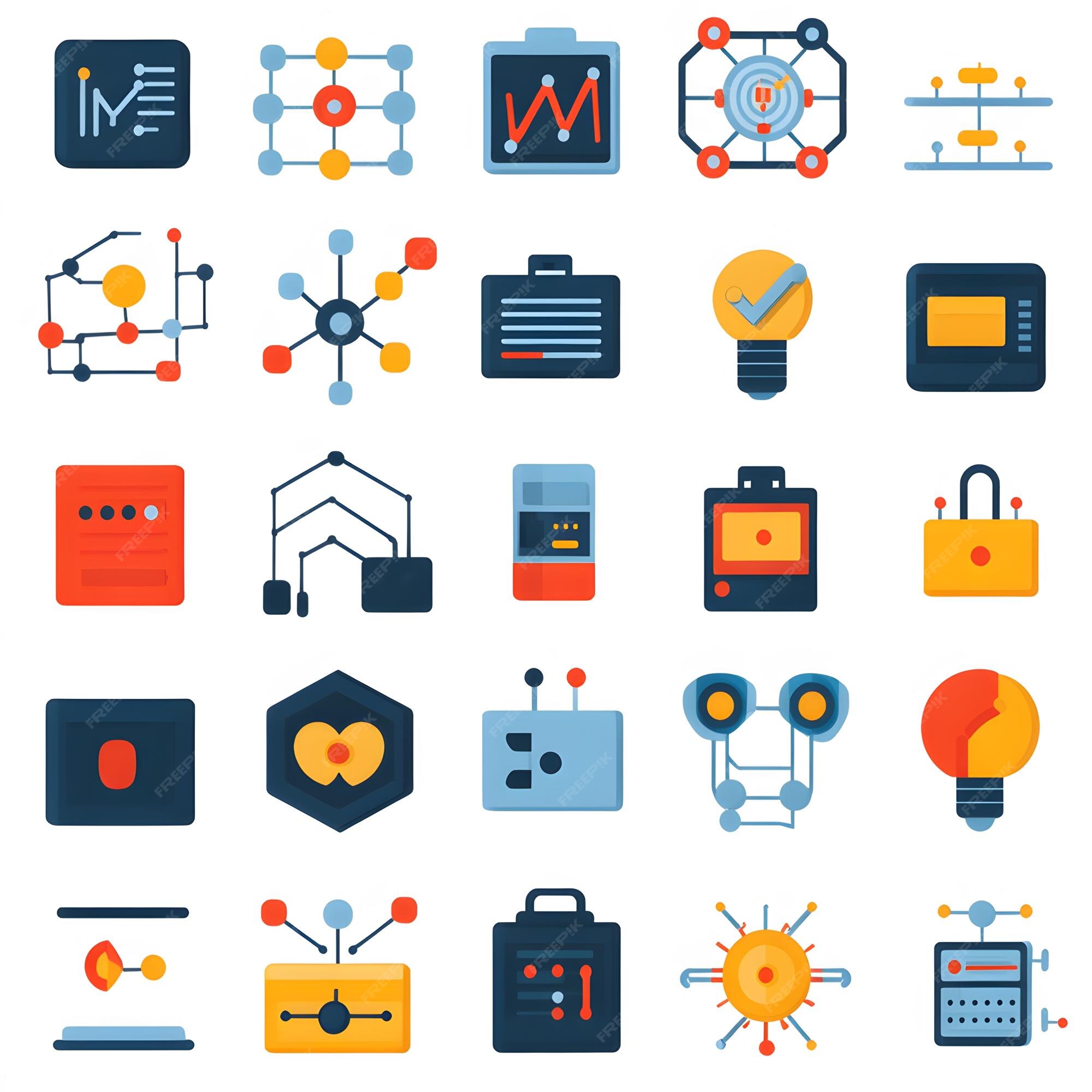 A set of network icons featuring interconnected nodes data flow symbols ...