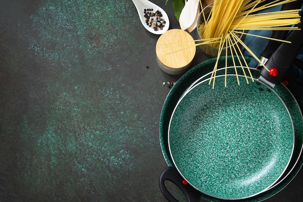 Set New Empty fry pan with ceramic coatingon Top view Copy space