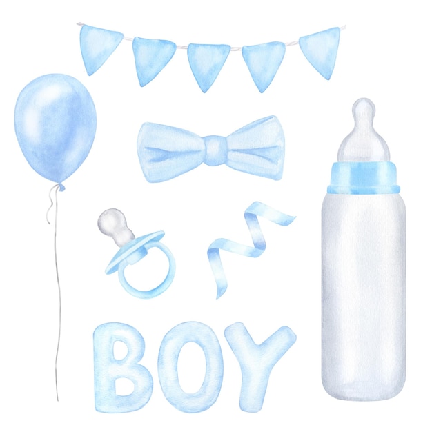 Foto set per neonati bandiere blu bottiglia di latte ciuccio arco palloncino illustrazione ad acquerello disegnata a mano isolata su sfondo bianco sesso rivelare festa baby shower design per bambini neonati