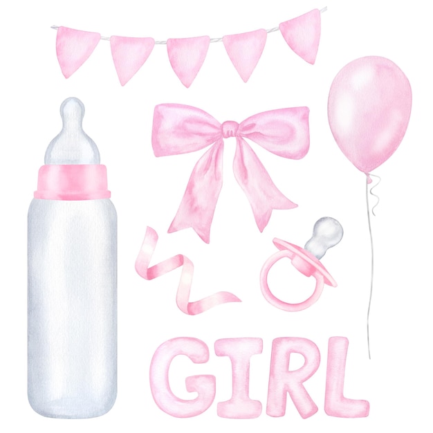 Set per neonate bandiere rosa bottiglia di latte ciuccio arco palloncino illustrazione ad acquerello disegnata a mano isolata su sfondo bianco sesso rivelare festa baby shower design per bambini neonati