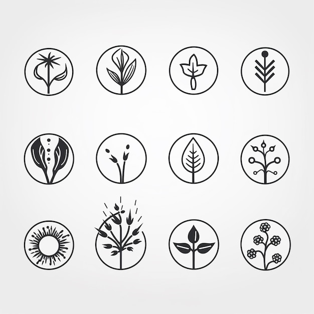 Photo a set of nine black and white icons of plants and flowers generative ai