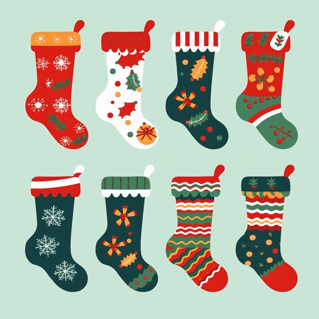 Photo a set of nine christmas stockings with different designs generative ai