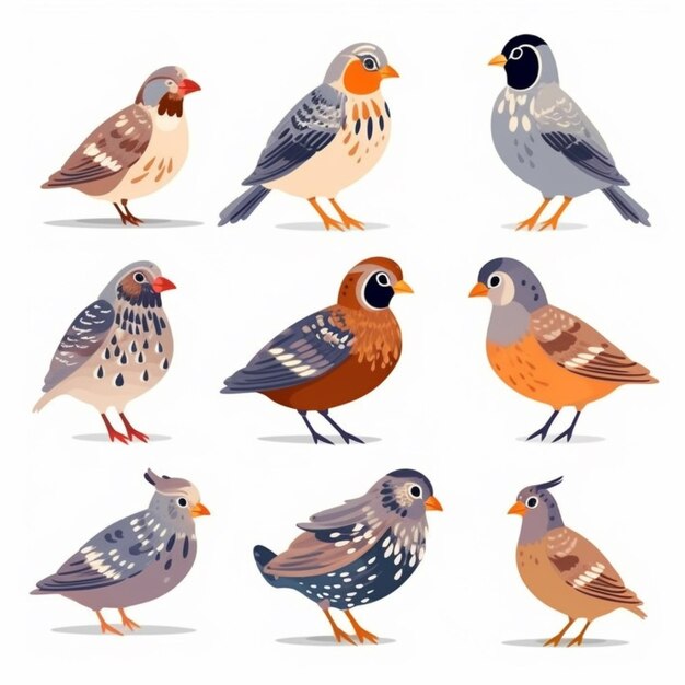 a set of nine different birds with different colors generative ai